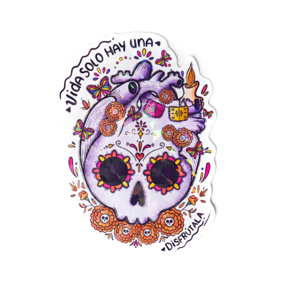“Vida solo hay una” — Día de Muertos sticker holográfico